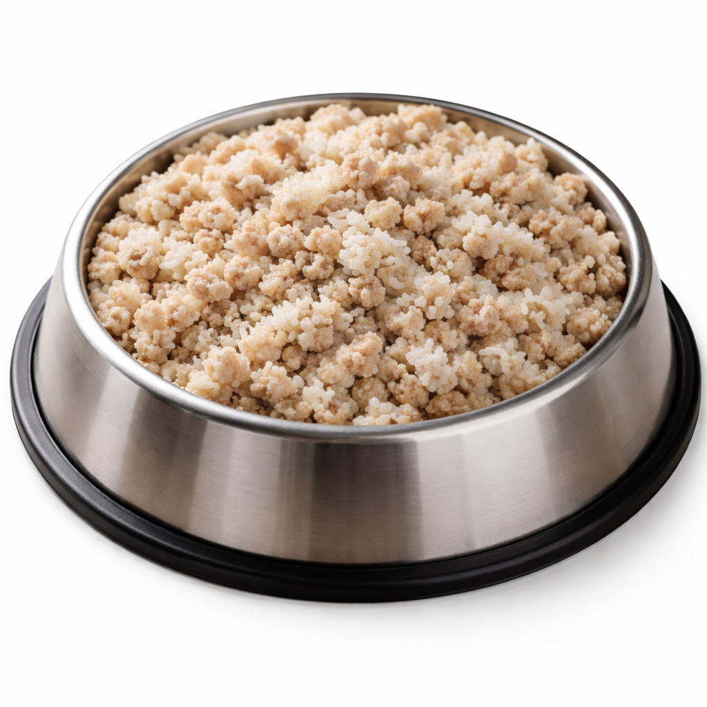 Stainless steel bowl filled with pet food on a white background